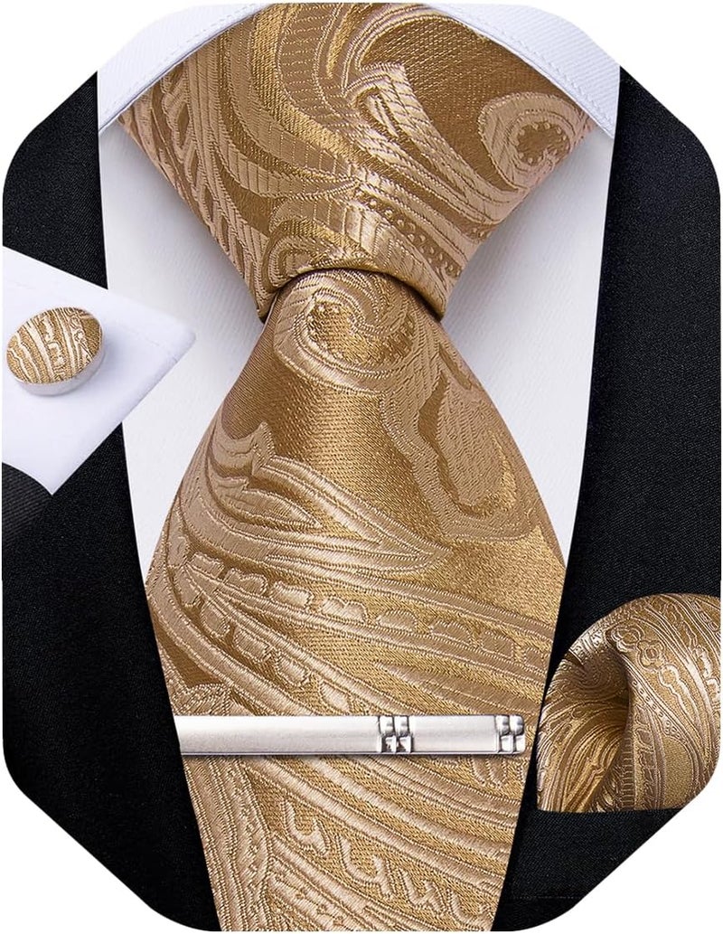 DiBanGu Paisley Ties for Men Silk Necktie and Pocket Square Cufflinks Tie Clip Set Woven Classic Mens Tie for Wedding Party - Image 1